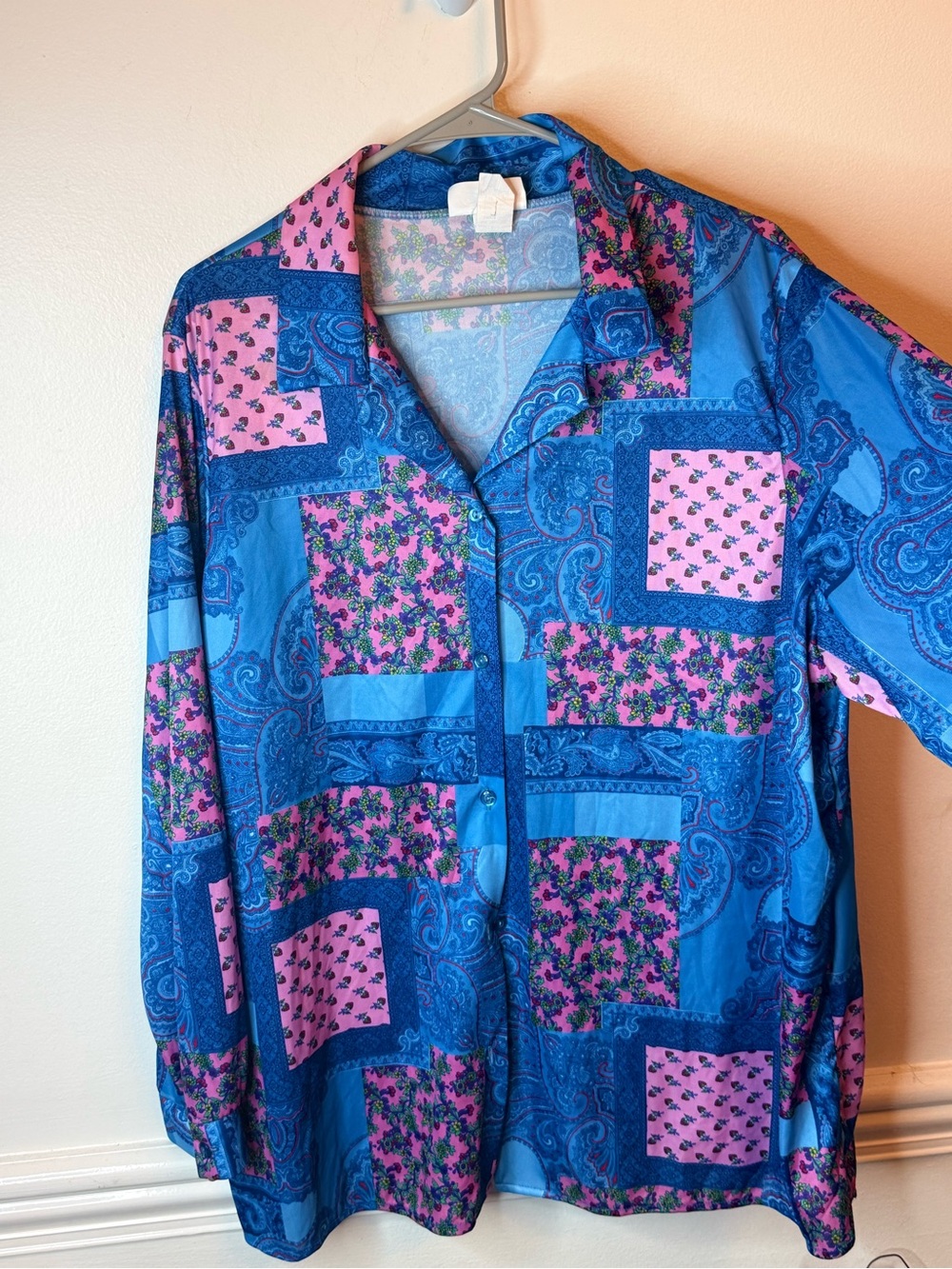 Vintage Plus size Blue & Pink Patchwork Paisley 80’s  Shirt